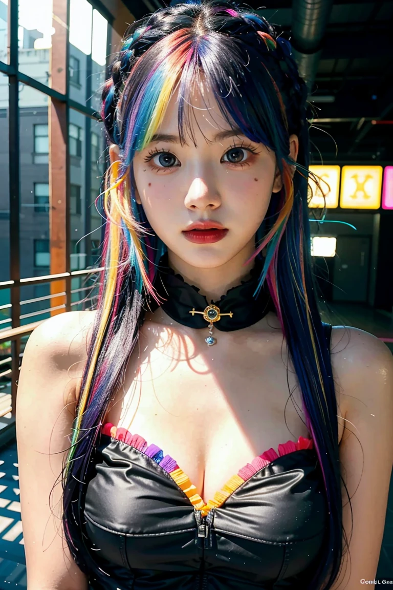 1girl, {{masterpiece}}, best quality, extremely detailed CG unity 8k wallpaper, cinematic lighting, lens flare, beautiful detail eyes, black, side glance, multicolor hair, colorful light, particles, heterochromia, (colorful:1.5), (colorful hair:1.5),