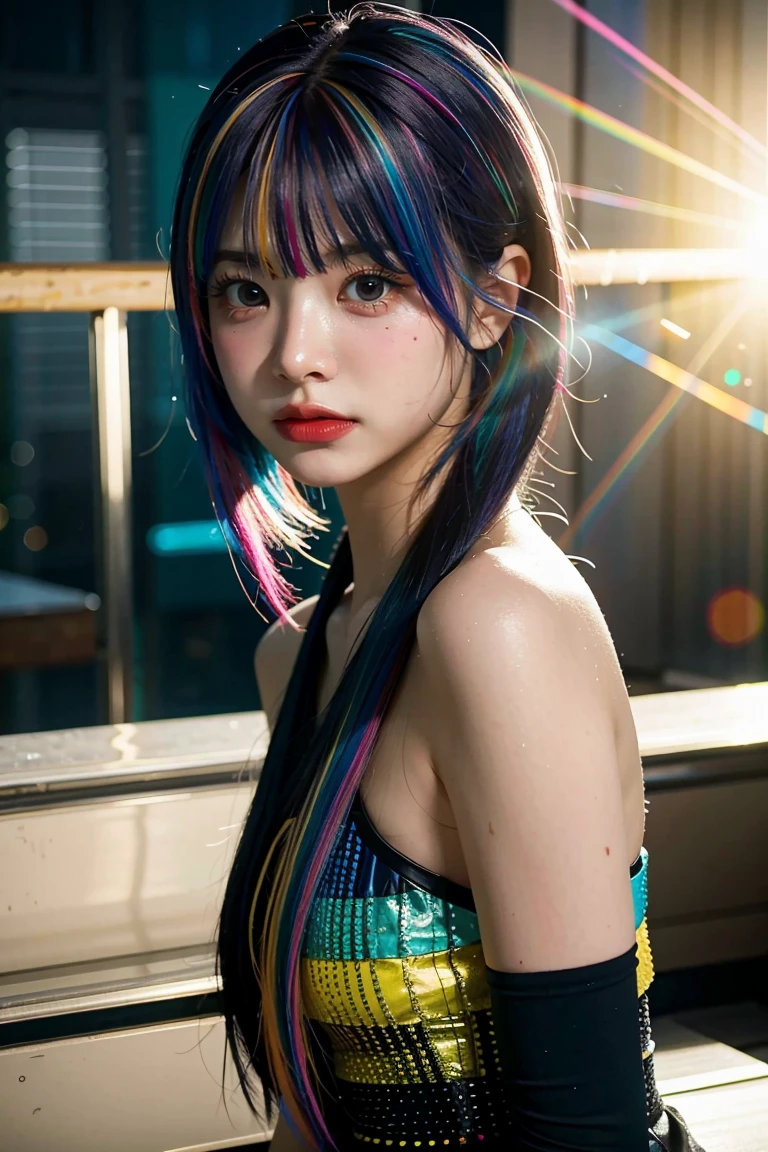 1girl, {{masterpiece}}, best quality, extremely detailed CG unity 8k wallpaper, cinematic lighting, lens flare, beautiful detail eyes, black,  side glance,  multicolor hair, colorful light, particles, heterochromia, (colorful:1.5), (colorful hair:1.5),