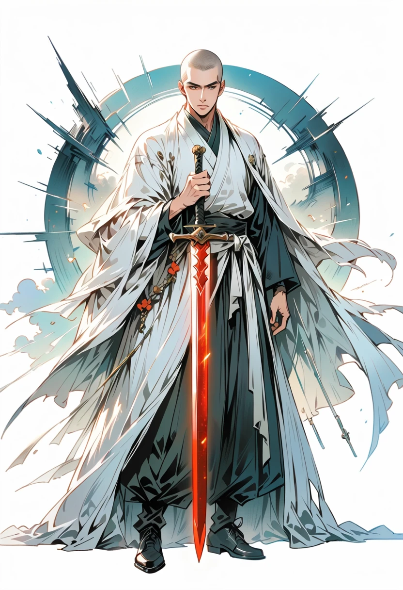 Chinese swordsman，Male swordsman，muscular，short hair，Buzz Cut，Handsome，Simple lines，Abstract Art，Holding a red long sword