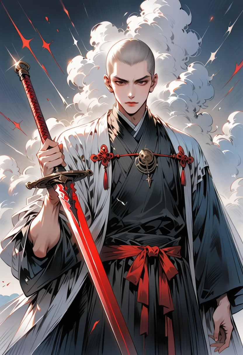Chinese swordsman，Male swordsman，muscular，short hair，Buzz Cut，Handsome，Simple lines，Abstract Art，Holding a red long sword