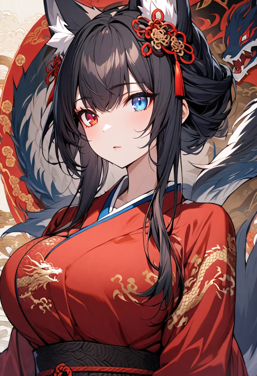 a beautiful blue and black kitsune, detailed intricate portrait, 1girl, long black hair, slim waist, big breasts, long white tail, heterochromia (one blue eye, one red eye), Black and red kimono with dragon design
