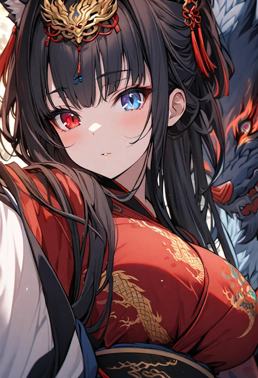 a beautiful blue and black kitsune, detailed intricate portrait, 1girl, long black hair, slim waist, big breasts, long white tail, heterochromia (one blue eye, one red eye), Black and red kimono with dragon design