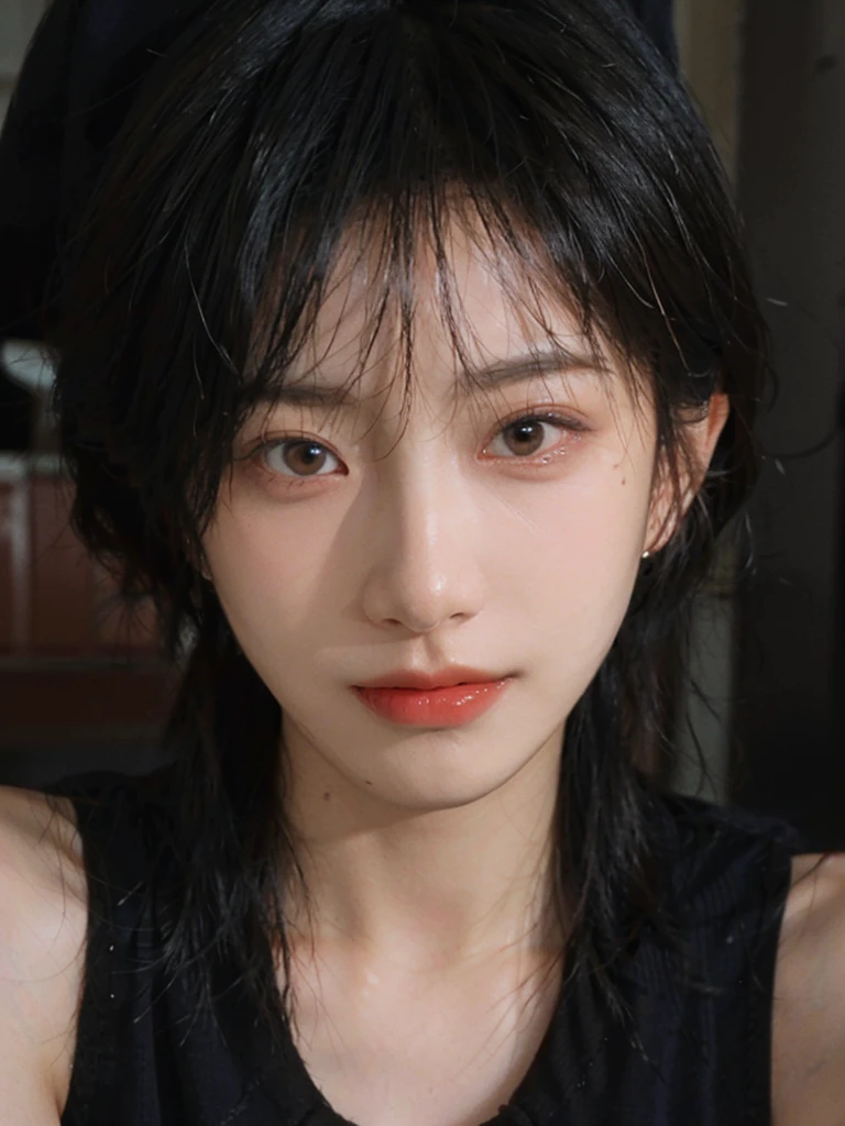 (Skin details:1.4), (smooth skin textures:1.3), (Upper Body:1.4),(Upper Body:1.3),(Black clothes:1.4),Lipstick, background, earrings, serene, calm, (Realistic and detailed eyes:1.2), Natural skin texture, Realistic facial details, Soft dramatic lighting, Vivid details, 35 mm film, outdoor, (Photo Practical:1.4), (hyper Practical:1.4), (Practical:1.3), (Smoother lighting:1.05), (Improve lighting quality:0.9), (Highest quality real skin textures:1.4), Exquisite eyes, Delicate face, Close-up of face, (Enhance the beauty of skin texture:1.1),0Normal body proportions, short hair, Moles under the eyes, A faint smile,Portrait Photography, Depth of Field, Bokeh, Surrealism, Ray Tracing, (Portrait Photography:1.1), Surrealism, High Detail, Chiaroscuro, Ray Tracing, reflected light, Ultra HD, Ultra HD, masterpiece, Textured Skin, Super Detail, High Detail, high quality, best quality