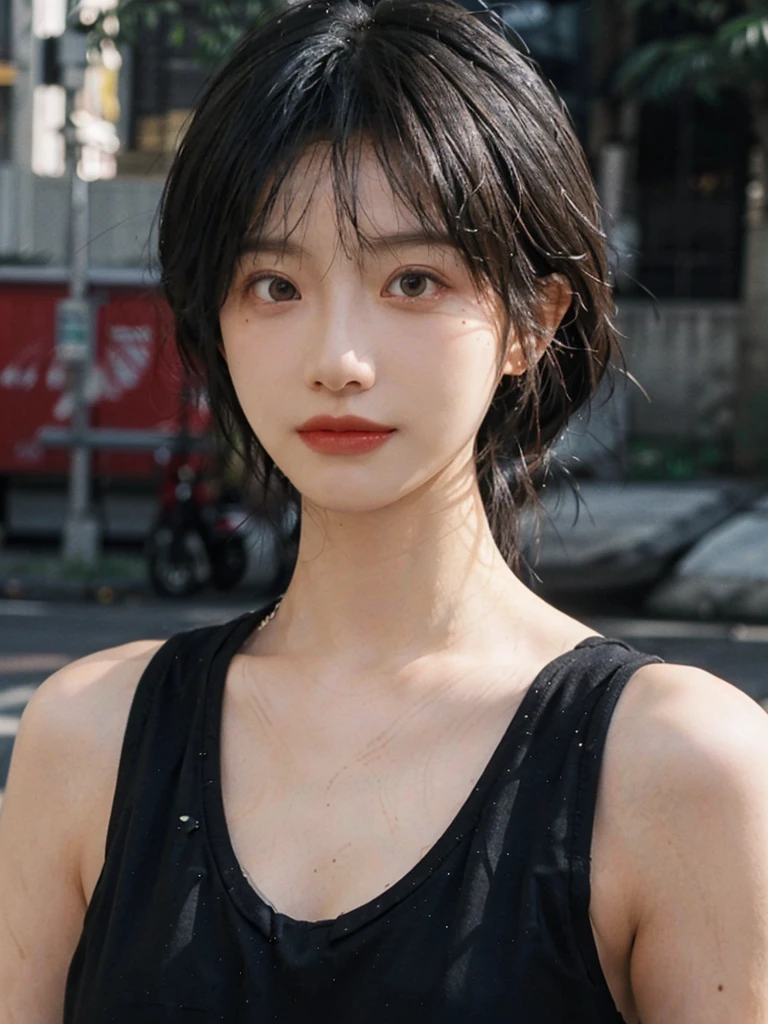 (Skin details:1.4), (smooth skin textures:1.3), (Upper Body:1.4),(Upper Body:1.3),(Black clothes:1.4),Lipstick, background, earrings, serene, calm, (Realistic and detailed eyes:1.2), Natural skin texture, Realistic facial details, Soft dramatic lighting, Vivid details, 35 mm film, outdoor, (Photo Practical:1.4), (hyper Practical:1.4), (Practical:1.3), (Smoother lighting:1.05), (Improve lighting quality:0.9), (Highest quality real skin textures:1.4), Exquisite eyes, Delicate face, Close-up of face, (Enhance the beauty of skin texture:1.1),0Normal body proportions, short hair, Moles under the eyes, A faint smile,Portrait Photography, Depth of Field, Bokeh, Surrealism, Ray Tracing, (Portrait Photography:1.1), Surrealism, High Detail, Chiaroscuro, Ray Tracing, reflected light, Ultra HD, Ultra HD, masterpiece, Textured Skin, Super Detail, High Detail, high quality, best quality