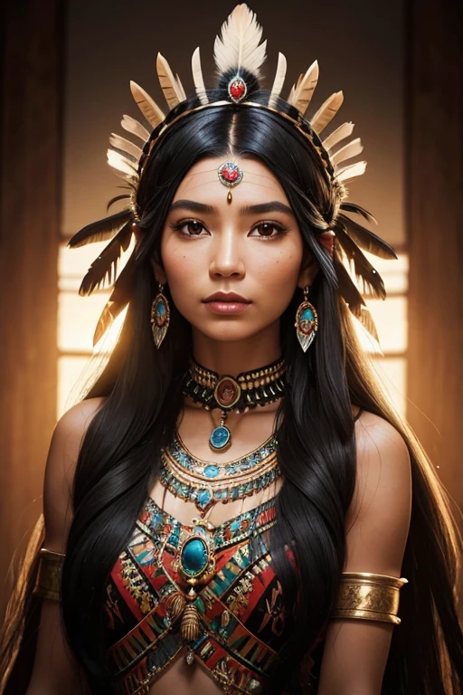indigenous queen, Amazon, long black hair, delicate crown, indigenous items, element earth