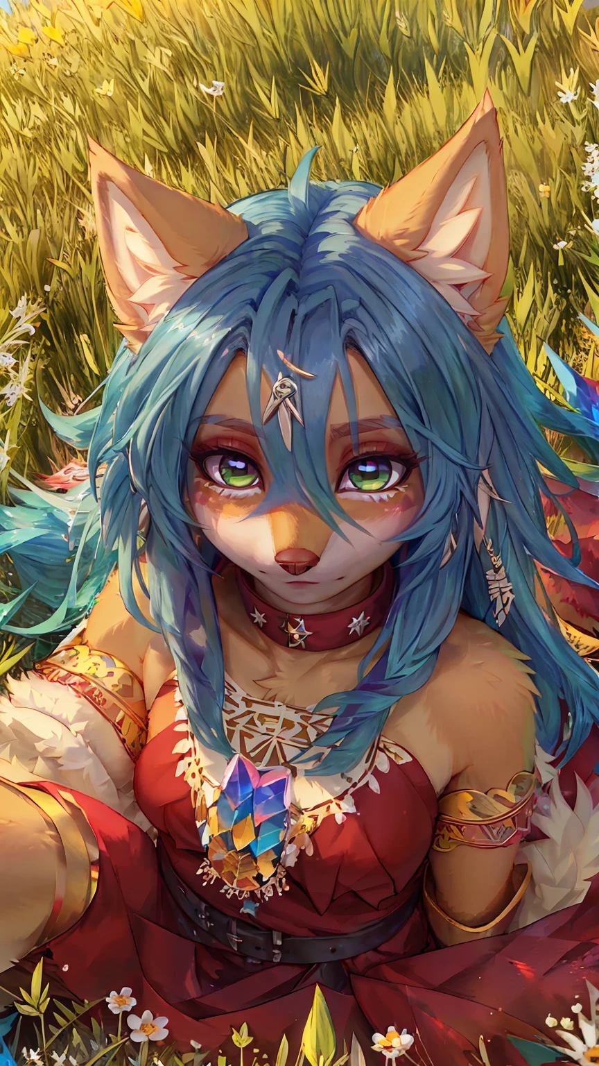 A beautiful and detailed (sweet portrait) wa ((Crystal)), Star Fox Crystal, sslim, lovable, green eyes, medium breasts, (((Long blue hair 1.3))), Decollete, anthro, furry, Uploaded E621, detailed fluffy fur, (wa Fluff-Kevlar, Bayard Wu, personalize me, Pino Daeni), detailed face, (fluffy), 1 girl, alone, sweet girl, ((lies on a meadow:1.3)), looks at the viewer, Viewer is above the, ihr ganzer Körper ist wa Kopf bis Fuß sichtbar, Tribal clothing