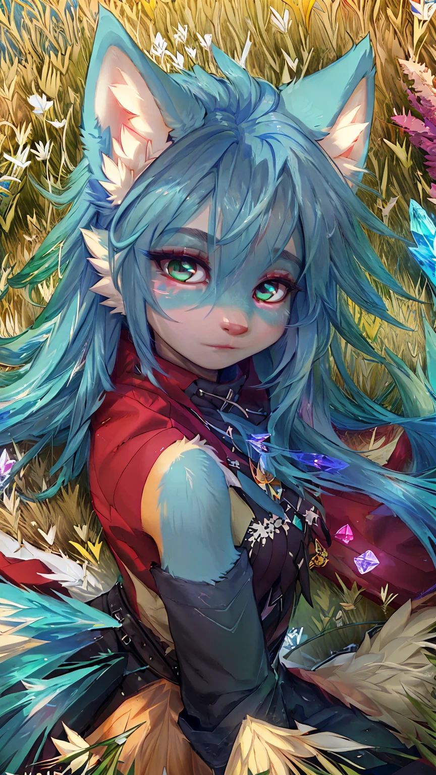 A beautiful and detailed (sweet portrait) wa ((Crystal)), Star Fox Crystal, sslim, lovable, green eyes, medium breasts, (((Long blue hair 1.3))), Decollete, anthro, furry, Uploaded E621, detailed fluffy fur, (wa Fluff-Kevlar, Bayard Wu, personalize me, Pino Daeni), detailed face, (fluffy), 1 girl, alone, sweet girl, ((lies on a meadow:1.3)), looks at the viewer, Viewer is above the, ihr ganzer Körper ist wa Kopf bis Fuß sichtbar, Tribal clothing 
