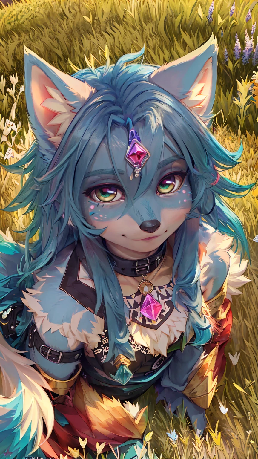 A beautiful and detailed (sweet portrait) wa ((Crystal)), Star Fox Crystal, sslim, lovable, green eyes, medium breasts, (((Long blue hair 1.3))), Decollete, anthro, furry, Uploaded E621, detailed fluffy fur, (wa Fluff-Kevlar, Bayard Wu, personalize me, Pino Daeni), detailed face, (fluffy), 1 girl, alone, sweet girl, ((lies on a meadow:1.3)), looks at the viewer, Viewer is above the, ihr ganzer Körper ist wa Kopf bis Fuß sichtbar, Tribal clothing 
