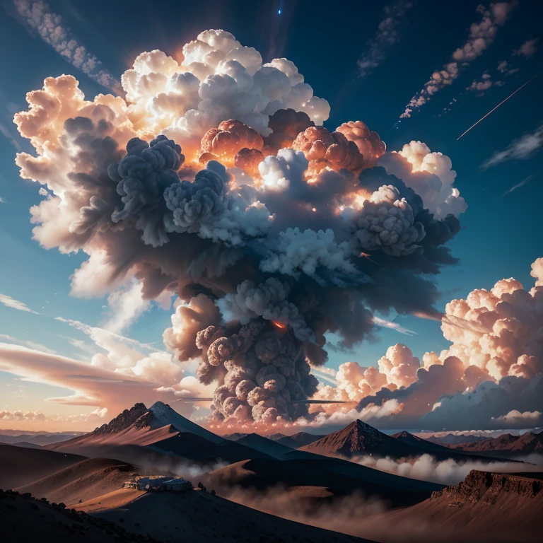 an atomic bomb exploded in a mountainous area, causing thick pink flame and thick pink dust in the are, high birdeye view, High Detail, Sharp focus, photorealistic, ultra-detailed, masterpiece, best quality, artwork