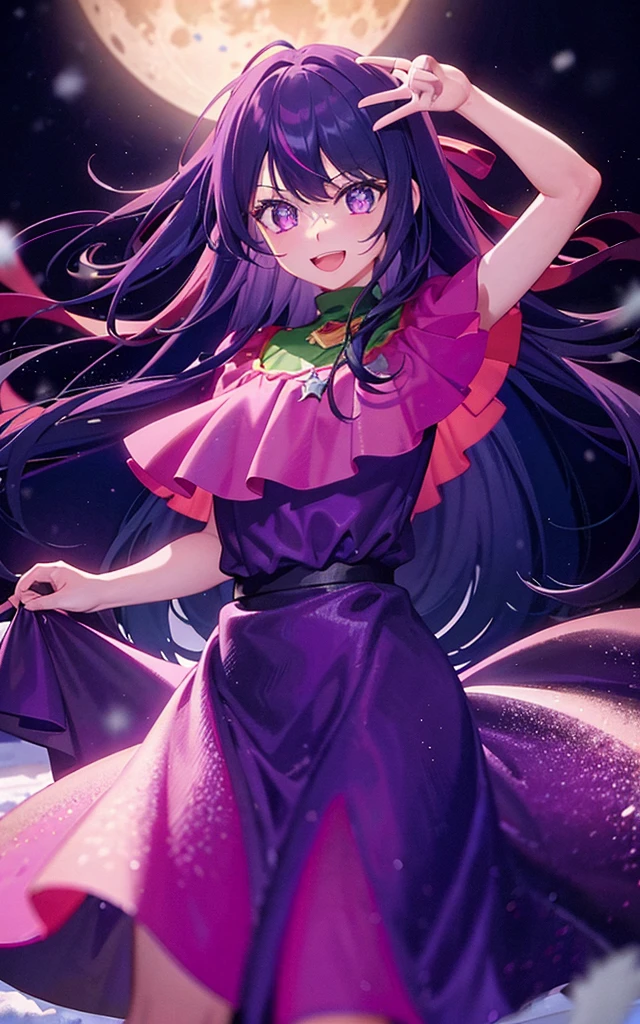 1girll,((There is a five-pointed star in the eye))Gorgeous Hair in Long Purple,Smile,Open mouth,Christmas dress,natta,themoon,snowfield