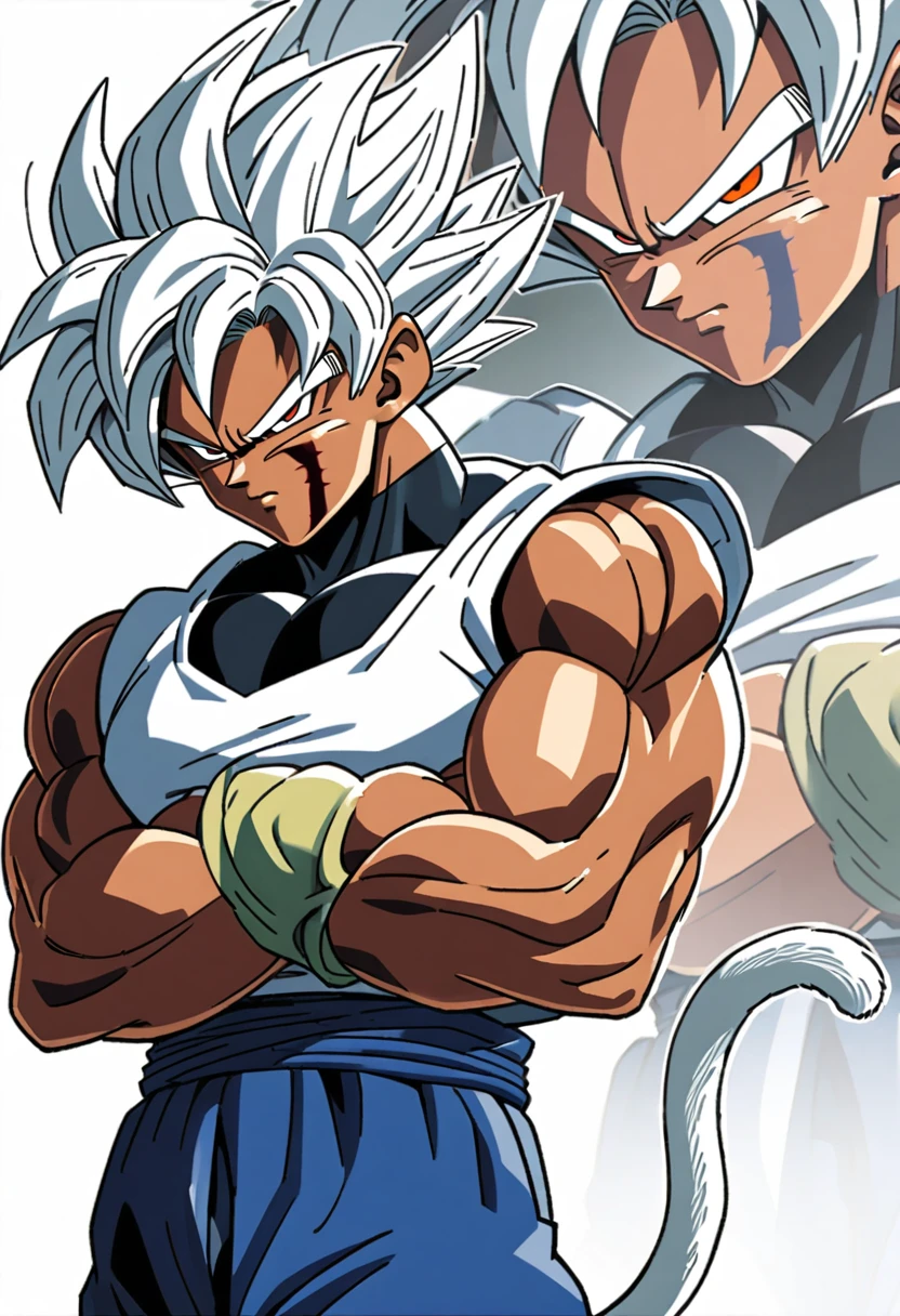 Dragon Ball 2D, white hair, with brown eye color, long and spiky hair, muscled body, with the demonic mark on his face, with a white monkey tail, with arms crossed, dark skin color.
