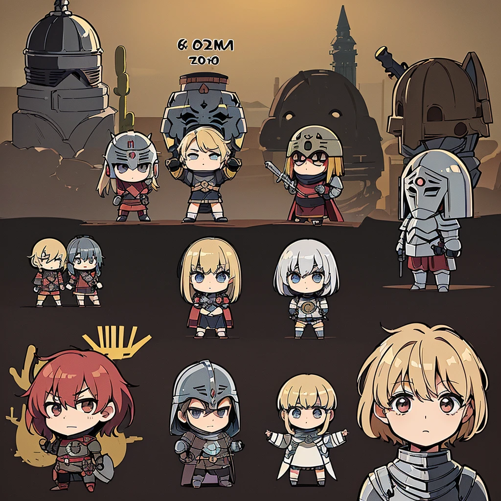 ((((Chibi Character、6 people))))、(((Iron Mask、Iron helmet、Iron Mask))),、Highest quality, Best Quality,Best illustrationedieval Armor、Medieval Knight、Grey Armor、(((20-year-old male)))、(((Living in the desert)))、(Simple Background)、(Mr.々Expression)