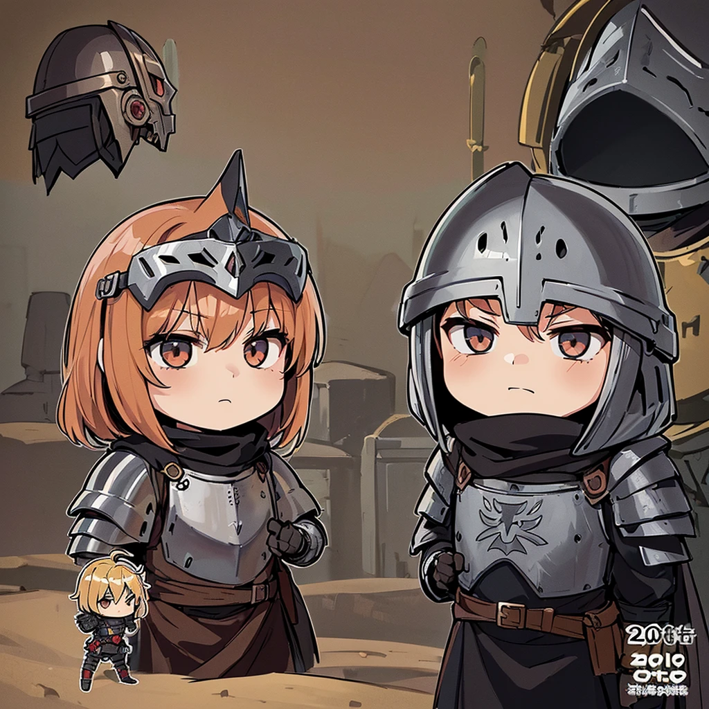 ((((Chibi Character、6 people))))、(((Iron Mask、Iron helmet、Iron Mask))),、Highest quality, Best Quality,Best illustrationedieval Armor、Medieval Knight、Grey Armor、(((20-year-old male)))、(((Living in the desert)))、(Simple Background)、(Mr.々Expression)