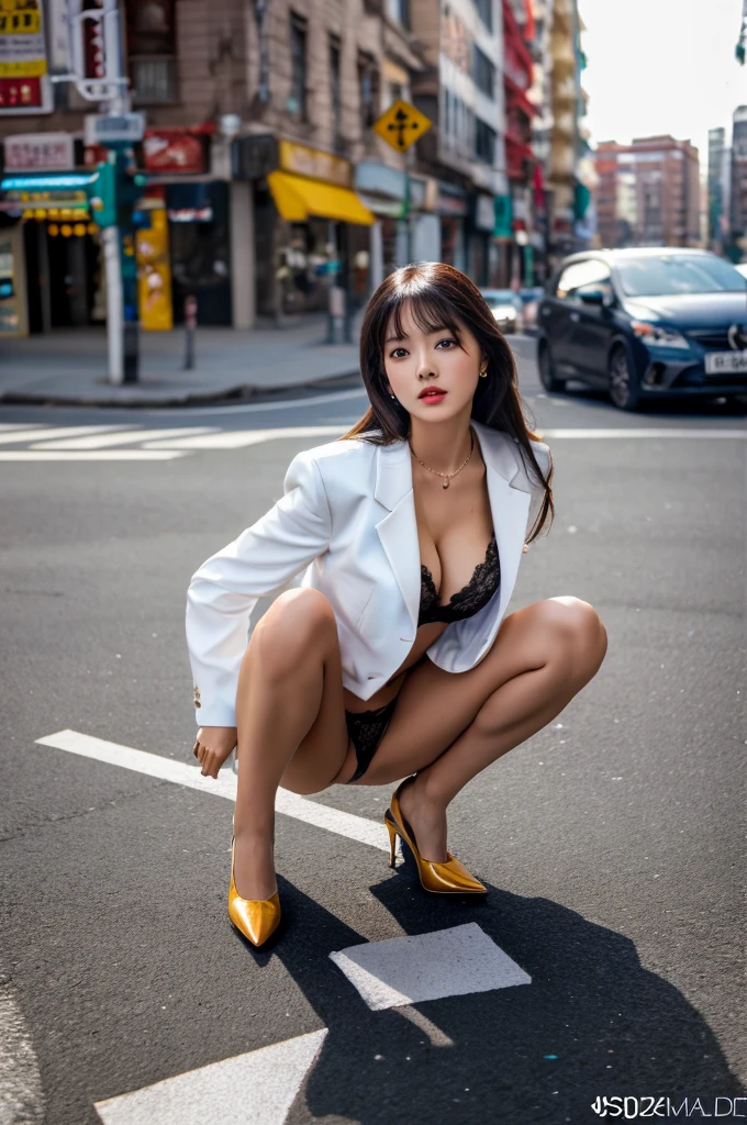 a 19 year old girl, she is the most beautiful actress in the world, the perfect body proportions of this girl, indirect shape of clothed large breasts, the blazer is worn on the formal shirt, her crotch area of the panties are hardly hidden by short skirt, her bare legs, it's just front of her body in this photo, it from just above her head to just below her knees are within this photo space, she is standing straight at the street, nsfw, best quality, highly detailed, masterpiece, ultra high res, photo realistic, 8k, RAW photo