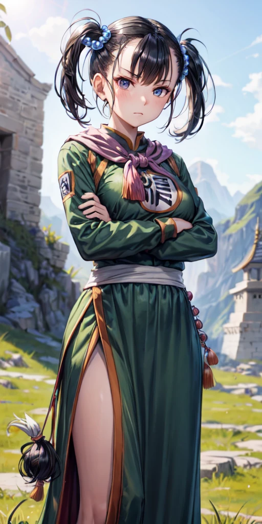 masterpiece, best quality, 4k, 8k, fighter (dq3), 1girl, solo, long hair, twintails, looking at viewer, black hair, hair ornament, long sleeves, dress, medium breasts, closed mouth, cowboy shot, black eyes, arm up, chinese clothes, hair bobbles, clenched hand, Standing Upright, Crossed Arms, Ancient Castle, 