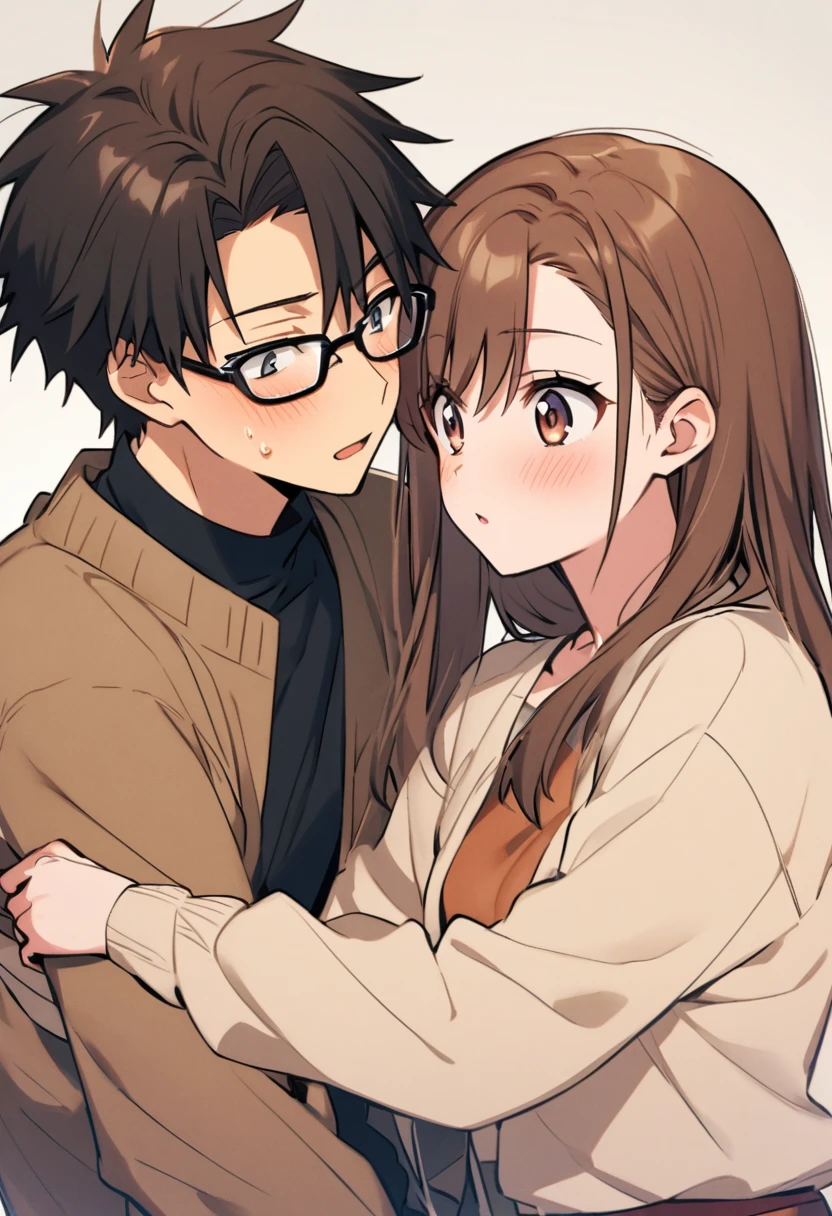 anime, two people, one 18 year old female with long brown hair and no glasses, the other person is an 19 year old male with short dark brown hair and black rimmed glasses, they are boyfriend and girlfriend,