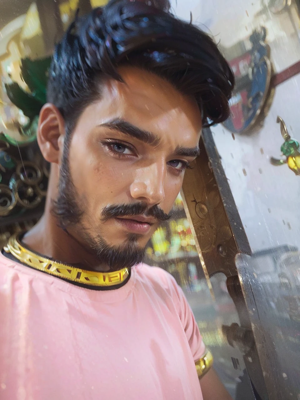 best quality, masterpiece, ultra high res, (photorealistic:1.4), raw photo, (1man, masculine adult spanish male:1.2),  ruby eyes, blonde hair, short back and sides,
 portrait, solo, (full body:0.6), looking at viewer, detailed background, detailed face, (steampunkai, steampunk theme:1.1)  living star constellation, star sign, horoscope,  benign, pisces,   symbolism, celestial , stars, bright colorful lights,  aura,    cosmic dust, backlighting, cosmic space background, surreal esoteric atmosphere,
