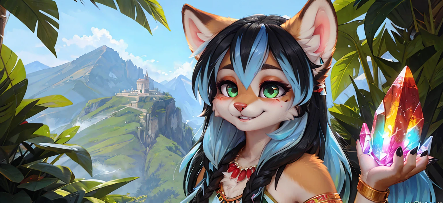 A beautiful and detailed (sweet portrait) wa ((Crystal)), Sternenfuchs Crystal, sslim, lovable, green eyes, medium breasts, (((Long blue hair 1.3))),  ((black hair tips)), Decollete, grin, look up,, anthro, furry, Uploaded E621, detailed fluffy fur, (wa Fluff-Kevlar, Bayard Wu, personalize me, Pino Daeni), detailed face, (fluffy), 1 girl, alone,  Tribal clothing, sweet girl, alone, wears a magician&#39;s robe 
