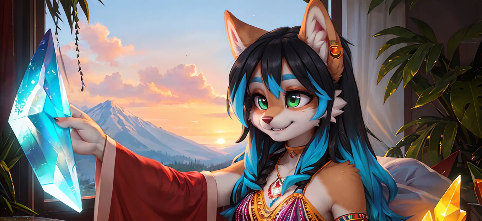 A beautiful and detailed (sweet portrait) wa ((Crystal)), Sternenfuchs Crystal, sslim, lovable, green eyes, medium breasts, (((Long blue hair 1.3))),  ((black hair tips)), Decollete, grin, look up,, anthro, furry, Uploaded E621, detailed fluffy fur, (wa Fluff-Kevlar, Bayard Wu, personalize me, Pino Daeni), detailed face, (fluffy), 1 girl, alone,  Tribal clothing, sweet girl, alone, wears a magician&#39;s robe 
