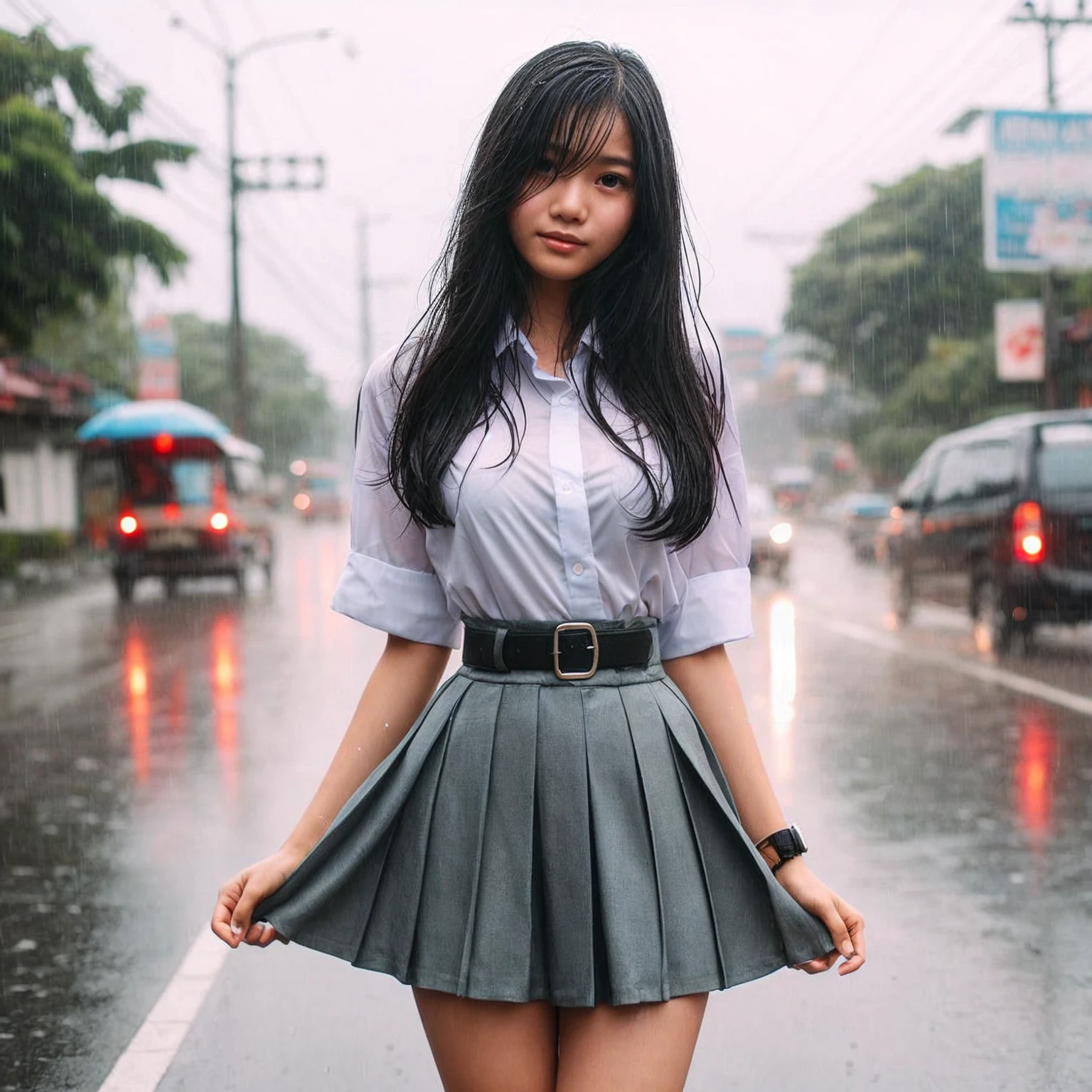 An Indonesian young woman wearing a high  is getting rained on. She is holding her skirt up high to keep it from getting wet. The background shows the side of the road in the late afternoon.