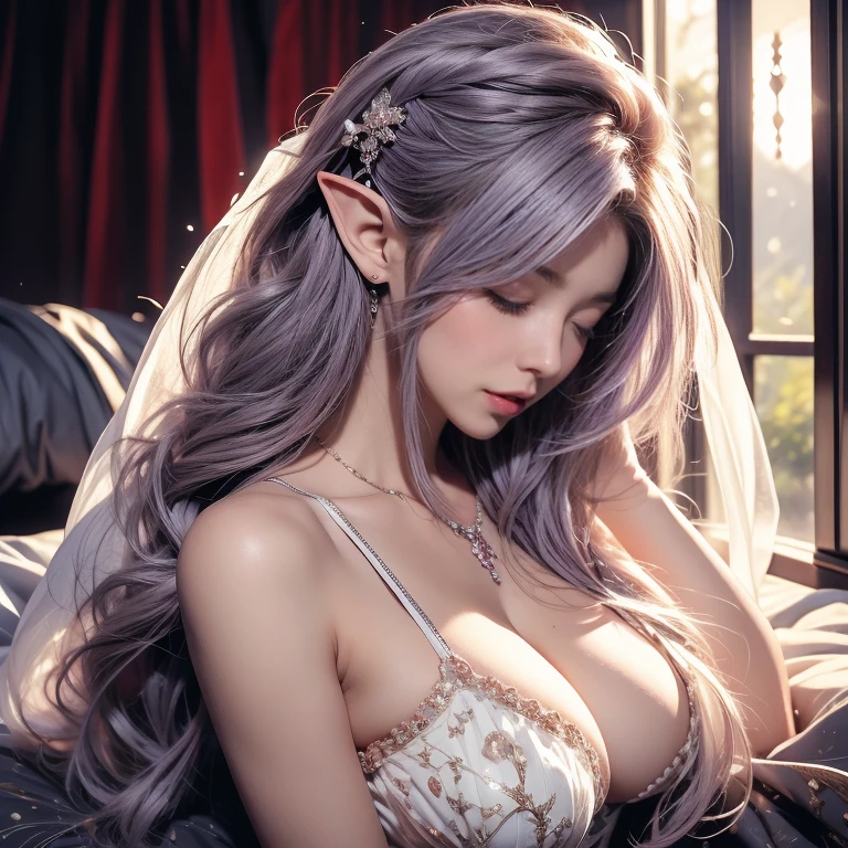 Lying, sleeping, close up, leaning to pillow, closed eyes, facing viewer, bed, black and white maid dress, bedroom, adult, 1 girl, slut, slutty elf, toned skin, anime, look at viewer, (light purple hair), straight hair,  show body to viewer, best quality, highres, 8k, masterpiece, anatomically correct, super detail, textured skin, diamond face shape, so huge breast, fit body, beautiful, fantasy, anime style, anime painting, shy, timid, virgin