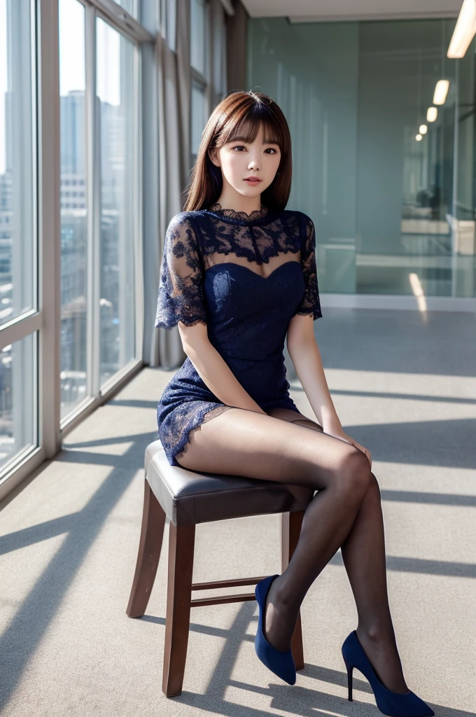 ((top-quality、masterpiece、photographrealistic:1.4、in 8K)),delicate and beautiful face、delicate and beautiful eyes、beautiful hairl,((Navy blue full lace tight dress))、Offices on high floors、You can see the building from the large windows、Detailed background, Perfect Lighting, depth of fields, Beautiful shadow gradient , ((Full body capture)), fullllbody,(Sitting on a chair、spreading the legs a little)、look to the camera,Black pantyhose,pin heels