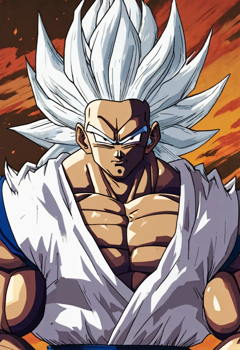 Dragon Ball 2D, white  hair, with brown eye color, long and spiky hair, muscled body, with the demonic mark on his face, with a white monkey tail, with arms crossed, dark skin color.