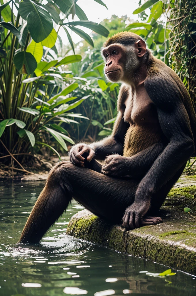 Monkey sitting above the crocidile in the water