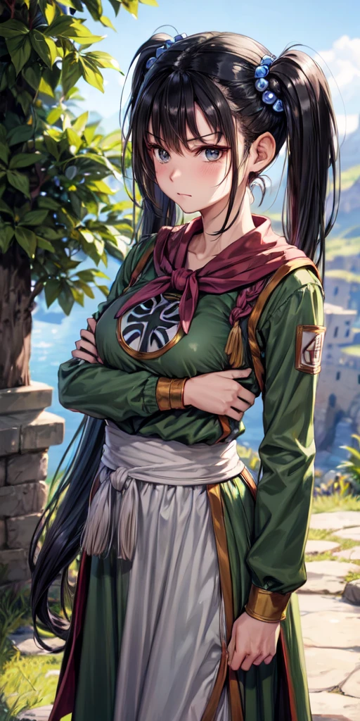 masterpiece, best quality, 4k, 8k, fighter (dq3), 1girl, solo, long hair, twintails, looking at viewer, black hair, hair ornament, long sleeves, dress, medium breasts, closed mouth, cowboy shot, black eyes, arm up, chinese clothes, hair bobbles, clenched hand, Standing Upright, Crossed Arms, Ancient Castle, 