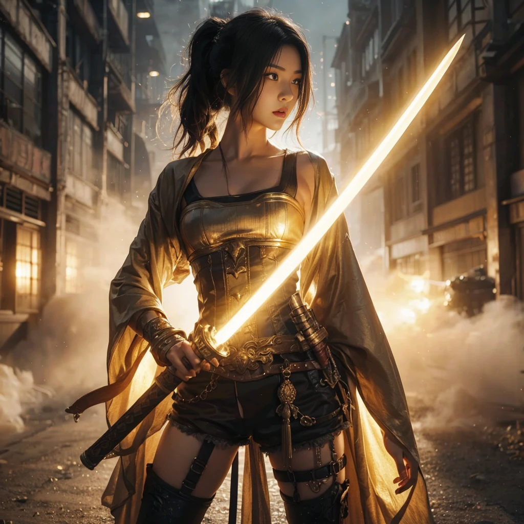 Asian woman with a light golden glow sword standing on the ground in front of a building, she is holding a sword in action pose, epic fantasy art style, she is holding a katana sword, long sword in her hand, epic fantasy art style hd, fantasy art style, with large sword, great art with details, epic fantasy style, cinematic, night scene with lentern light, smoke fog effect, very realistic, ultra detailed, photorealistic, ultra high definition, 16k