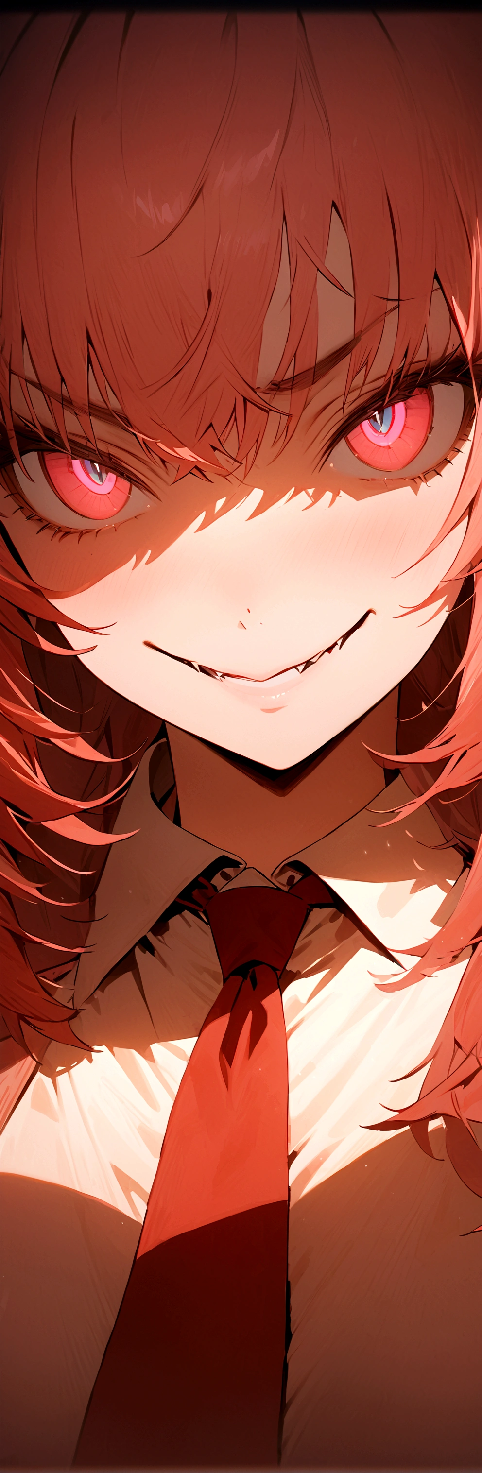 (Masterpiece:1.2, Best Quality), 1 woman, whole body, White shirt red tie, medium breasts, Casual, wide, minimal makeup, , pale,Natural fabrics, closeup face, evil smile, bright eyes circular pupils,8K high resolution, detailed lines, ((whole body)),artista rockworm