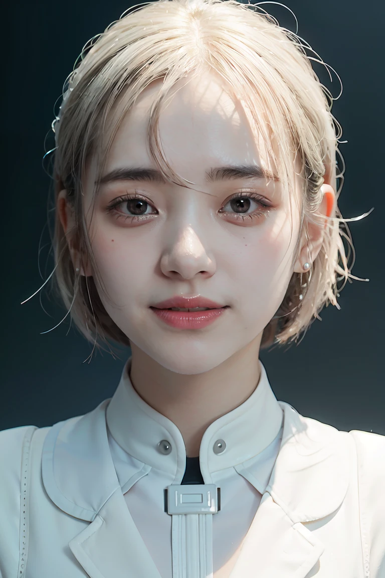 《The role of artificial intelligence》。（（（Virtual character design：Psychological counselor。miss，20 years old，white short hair，Exquisite facial features，beautiful make up，Skin details，Smile）））。（（white suit））。((Super realistic details))。 illumination, light and shadow, octane rendering, 8k, super sharp,complicated, Accessory details,atmosphere