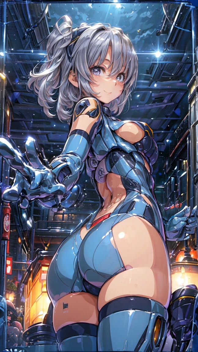 (1 mature robot girl,Age 35), ((Pub,guild)),(smile),Dynamic pose,Dynamic Angle,Pose for a photo,From below,Elderly woman、Trading Card Game Frames、Highest Rare、Five Fingers、Signature mark、Big Butt、White Hair