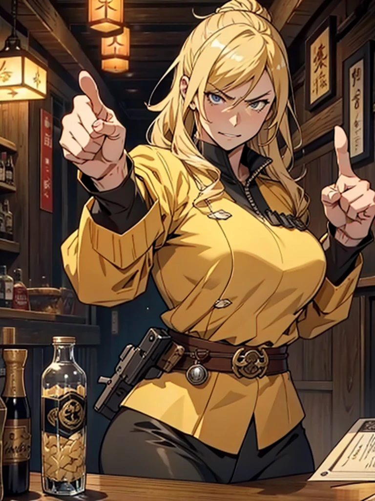 40-year-old woman、strong、Blonde、angry pointing finger、Anime Style、vigilante、guild master、tall、Bar interior background