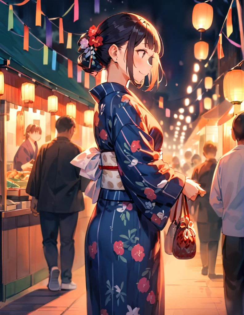 A young woman is waiting for her boyfriend at a Tanabata festival. It is nighttime, and she is standing under beautifully lit bamboo decorations and colorful streamers. The atmosphere is festive with lanterns, stalls selling traditional foods, and people wearing yukatas. The woman is wearing a yukata, holding a small purse, and looking around with a smile, anticipating their festival date.