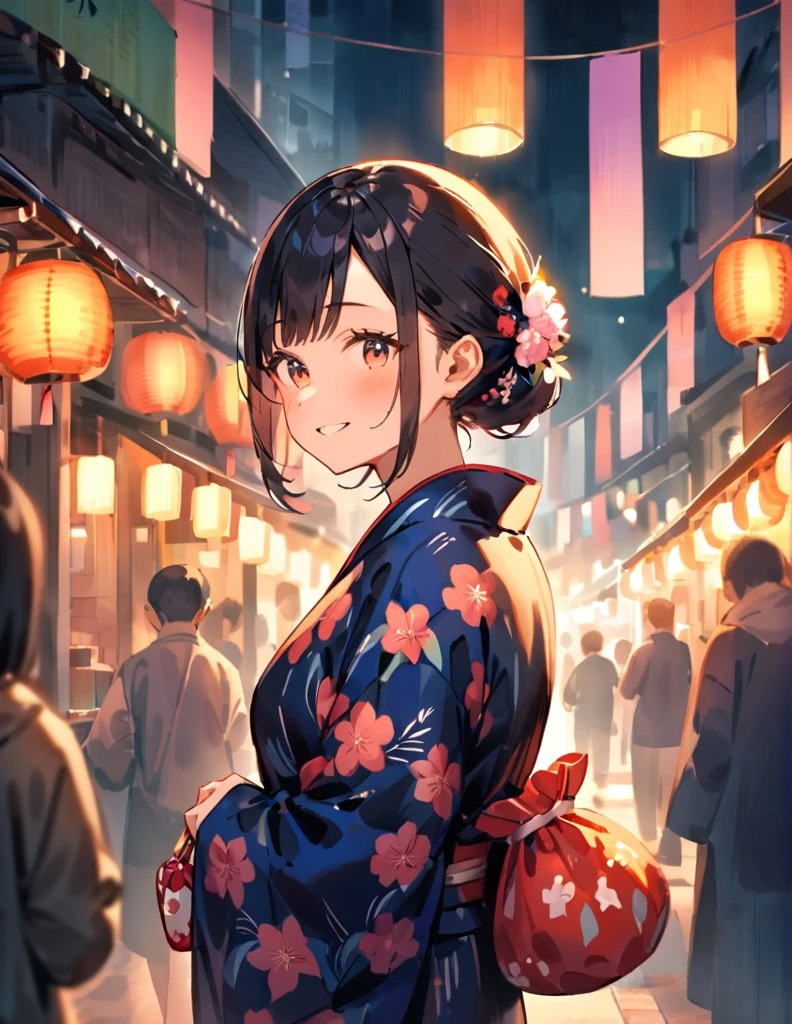 A young woman is waiting for her boyfriend at a Tanabata festival. It is nighttime, and she is standing under beautifully lit bamboo decorations and colorful streamers. The atmosphere is festive with lanterns, stalls selling traditional foods, and people wearing yukatas. The woman is wearing a yukata, holding a small purse, and looking around with a smile, anticipating their festival date.