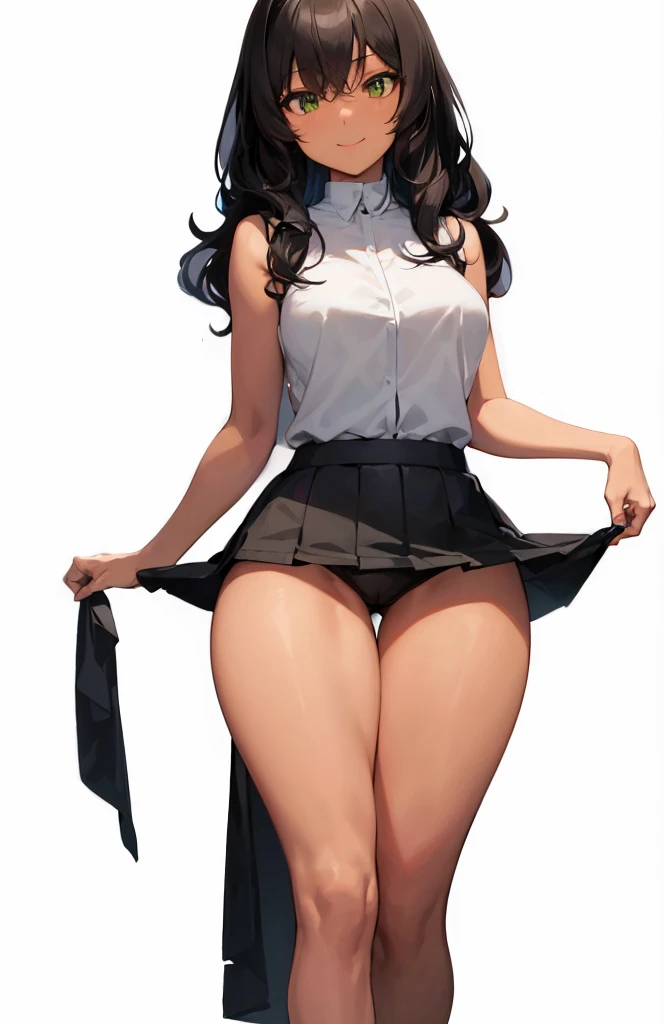 (Masterpiece, Best Quality:1.2), (detailed anime face)full body well proportioning to a girl ((female long hair)), Dark skin, (black wavy hair), green eyes, SMILE, sleeveless, (Gray tight skirt), sexy hips, detailed thighs