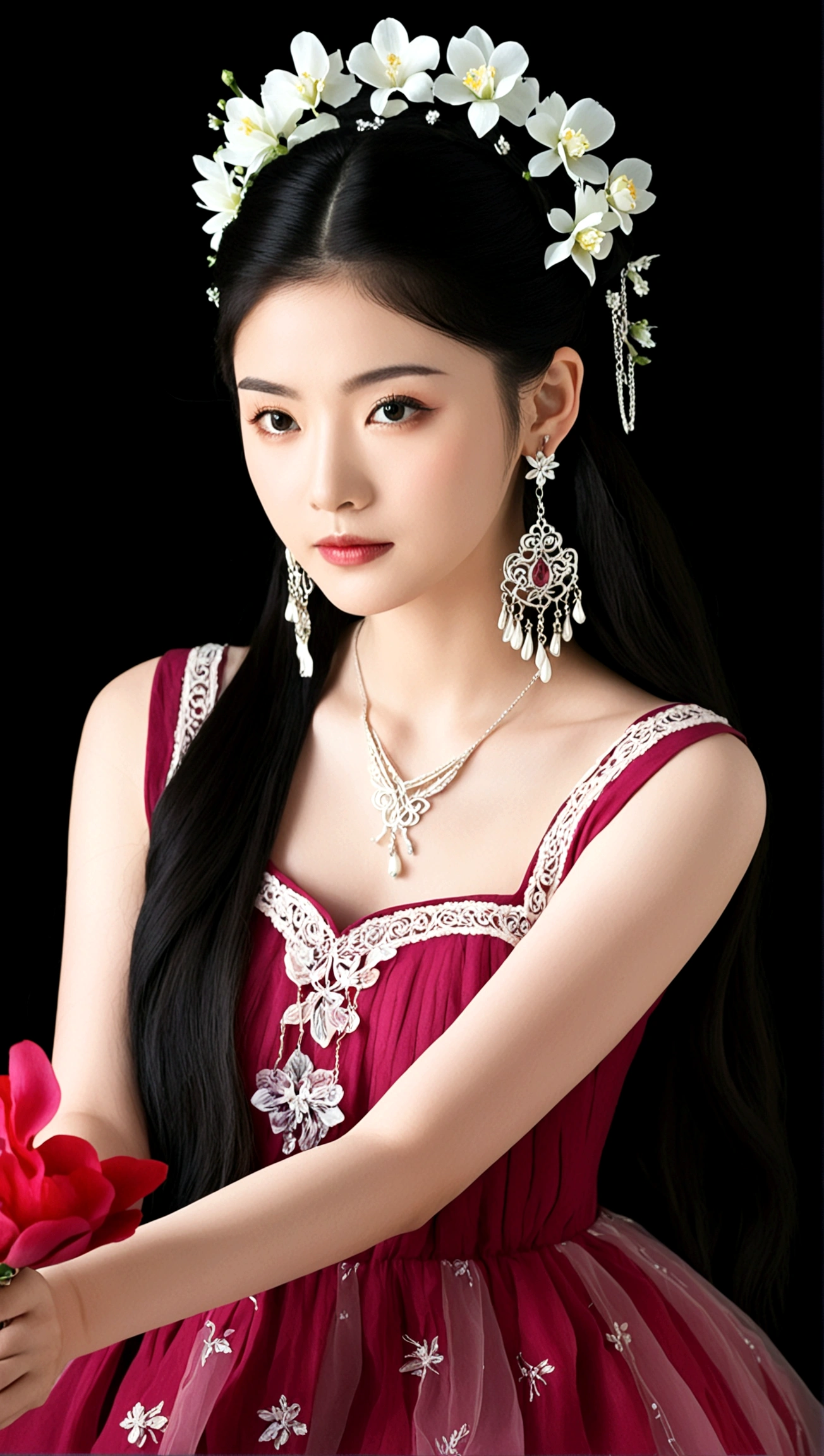 1girl, solo, black hair, hair ornament, dress, jewelry, flower, earrings, black eyes, own hands together, black background, realistic