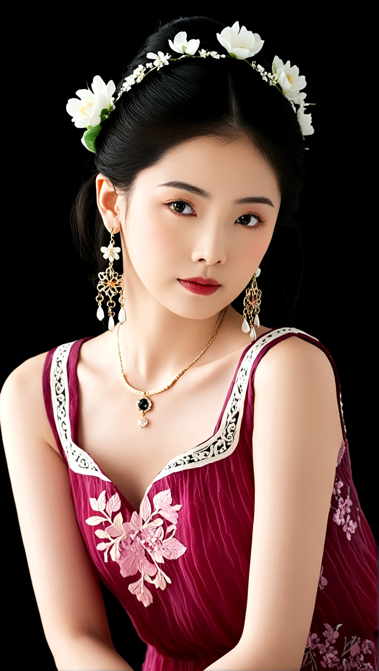1girl, solo, black hair, hair ornament, dress, jewelry, flower, earrings, black eyes, own hands together, black background, realistic
