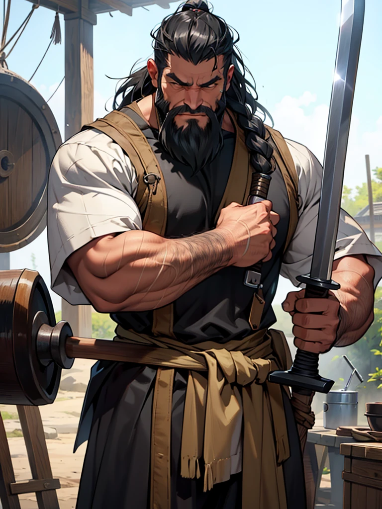 Male blacksmith、55 years old、Black beard、Great muscles、striking a sword with an iron mallet、KajiNo hair、countless scars on the body