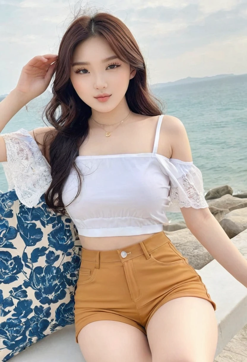 ((high quality:1.2)), work of art, (8k), extremely detailed, ((High detail:1.2)), ((best resolution:1.4)), Solo, 24 years old Korean Ulzzang female, ((cropped, mini-shorts)), BREAK, (((perfect hourglass hot body))), (((square and defined face of an extremely perfect and beautiful model))),