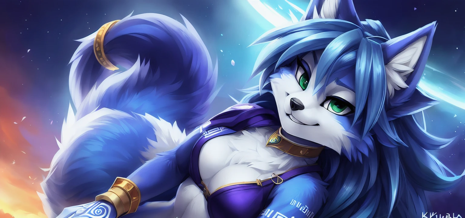 A beautiful and detailed (sweet portrait) wa ((Krystal)), Star Fox Krystal, sslim, lovable, green eyes, medium breasts, (((Long blue hair 1.3))), Decollete, grin, look up,, anthro, furry, Uploaded E621, detailed fluffy fur, (wa Fluff-Kevlar, Bayard Wu, personalize me, Pino Daeni), detailed face, (fluffy), 1 girl,  alone, wears a magician&#39;s robe 