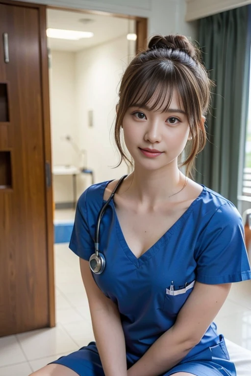 lovely nurse idol, (wearing blue medical scrubs:1.3), (Crouching movement:1.0), large breasts:1.1, (sadly smile, wavy hair, hair bun), fullbody 
BREAK 
nurse in a modern hospital setting, She has a confident and professional demeanor, medical tools in her pockets, The background features a well-lit hospital corridor with medical equipment and windows, 31 years old
BREAK 
masterpiece, (best quality:1.2), ultra highres, (photorealistic:1.4), (extremely perfect anatomy body parts), realism, natural light, depth of fields, Detailed Background, perfect composition,highly detailed, detailed face, extremely detailed, ultra-detailed, 8K wallpaper, extremely awesome detailed, dynamic lighting, deep shadows, photorealistic, realistic face, well-groomed face