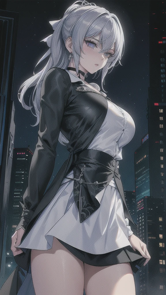 Masterpiece, Beautiful art, professional artist, 8k, art style by sciamano240, rostro de Bronya Zaychik, detailed body, Very detailed face, Detailed clothing, detailed fabric, Best Quality, better resolution,  1 girl, front view, big breasts, serious expression, city background, at night , silver hair, choker:1.6, (long sleeve white collar buttoned shirt), black gloves covering your hands, (shiny black miniskirt), looking at the viewer,