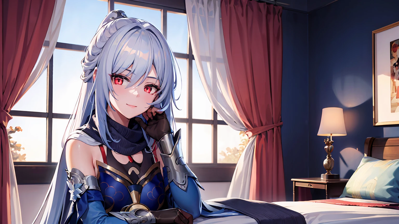 masterpiece, best quality, JingliuV5, 1girl, solo, looking at viewer, red eyes, gloves, dress, white scarf, scarf on neck, sailor collar, white cape, sitting on bed, indoors, bedroom, windows, blue sky, warm smile, upper body. closed mouth,