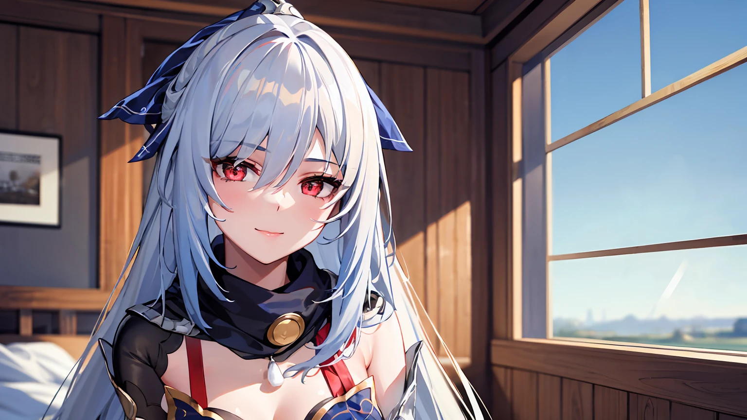 masterpiece, best quality, JingliuV5, 1girl, solo, looking at viewer, red eyes, gloves, dress, white scarf, scarf on neck, sailor collar, white cape, sitting on bed, indoors, bedroom, windows, blue sky, warm smile, upper body. closed mouth,
