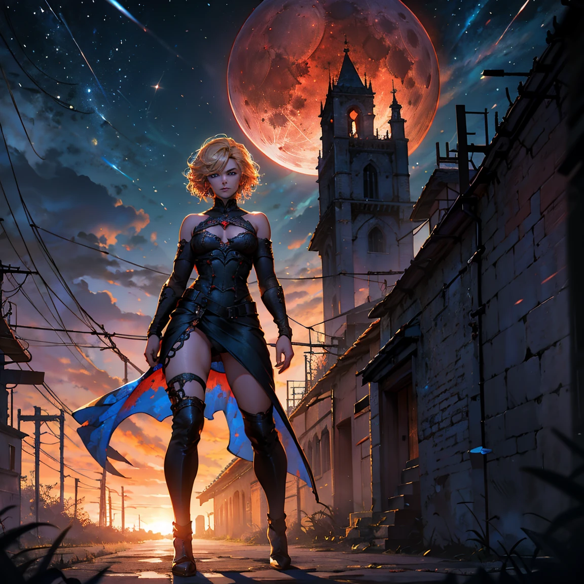 1girl, (solo), short curly hair, golden hair, small breasts, light blue eyes, small size, fair skin, perverted face, red cheeks, (fangs), (naked), full body, covered blood, walking, (night), blood moon, medieval town, town behind (very sexy body, detailed face, masterpiece, highly detailed, 8k, best quality, vibrant colors, digital art, concept art)