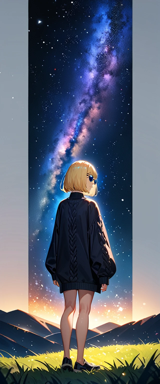 (((a beautiful starry sky, the Milky Way shining beautifully in the night))), ((bare legs)), (((sunglasses, hand to sunglasses))), ((Aran sweater)), ((((from back)))), upper body, ((standing on the very high cliff)), wavy hair, inward curled hair, grass field, (((wide shot, full body))), ((blond hair, bob cut:1.3)), breasts, teenager, (looking at another), oversized clothes, puffy long sleeves, ((off-shoulder sweater:1.3, Quite thick shoulder straps)), ((black sweater)), collarbone, head tilt:1.3, (((blue eyes))), happy smile, (((anime style))), (best quality, 4K, 8K, highres, masterpiece:1.2, ultra-detailed, ultra-detailed eyes, HDR, uhd, studio lighting, ultra-fine painting, sharp focus, physically-based rendering, extreme detail description, professional, vivid colors, bokeh)