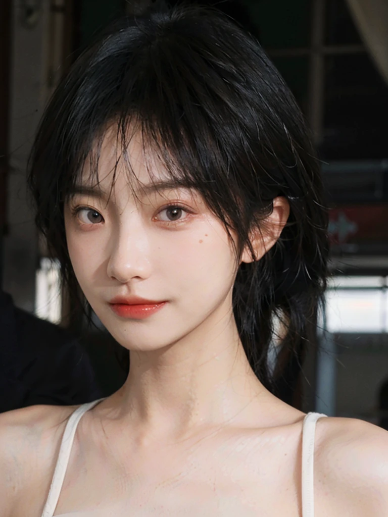 (Skin details:1.4), (smooth skin textures:1.3), (Upper Body:1.4),(Upper Body:1.3),(Black clothes:1.4),Lipstick, background, earrings, serene, calm, (Realistic and detailed eyes:1.2), Natural skin texture, Realistic facial details, Soft dramatic lighting, Vivid details, 35 mm film, outdoor, (Photo Practical:1.4), (hyper Practical:1.4), (Practical:1.3), (Smoother lighting:1.05), (Improve lighting quality:0.9), (Highest quality real skin textures:1.4), Exquisite eyes, Delicate face, Close-up of face, (Enhance the beauty of skin texture:1.1),0Normal body proportions, short hair, Moles under the eyes, A faint smile,Portrait Photography, Depth of Field, Bokeh, Surrealism, Ray Tracing, (Portrait Photography:1.1), Surrealism, High Detail, Chiaroscuro, Ray Tracing, reflected light, Ultra HD, Ultra HD, masterpiece, Textured Skin, Super Detail, High Detail, high quality, best quality