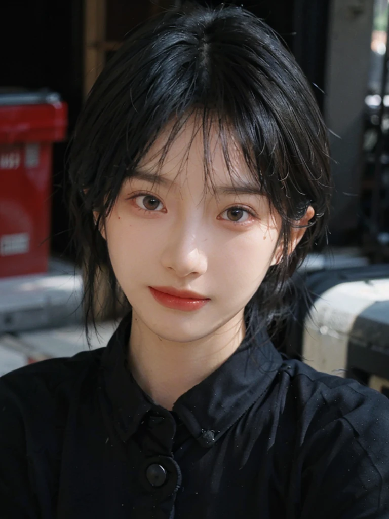 (Skin details:1.4), (smooth skin textures:1.3), (Upper Body:1.4),(Upper Body:1.3),(Black clothes:1.4),Lipstick, background, earrings, serene, calm, (Realistic and detailed eyes:1.2), Natural skin texture, Realistic facial details, Soft dramatic lighting, Vivid details, 35 mm film, outdoor, (Photo Practical:1.4), (hyper Practical:1.4), (Practical:1.3), (Smoother lighting:1.05), (Improve lighting quality:0.9), (Highest quality real skin textures:1.4), Exquisite eyes, Delicate face, Close-up of face, (Enhance the beauty of skin texture:1.1),0Normal body proportions, short hair, Moles under the eyes, A faint smile,Portrait Photography, Depth of Field, Bokeh, Surrealism, Ray Tracing, (Portrait Photography:1.1), Surrealism, High Detail, Chiaroscuro, Ray Tracing, reflected light, Ultra HD, Ultra HD, masterpiece, Textured Skin, Super Detail, High Detail, high quality, best quality